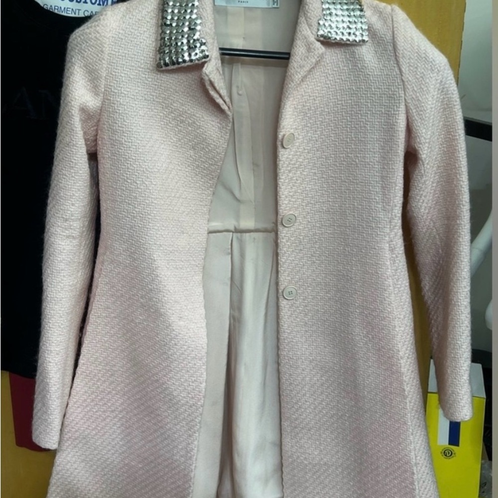 Dior Pale Pink Tweed Coat with Embellished Collar